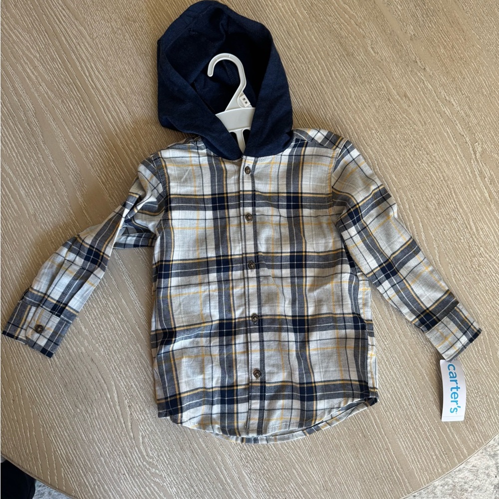 Carters plaid button down shirt with hood, 3T, NWT